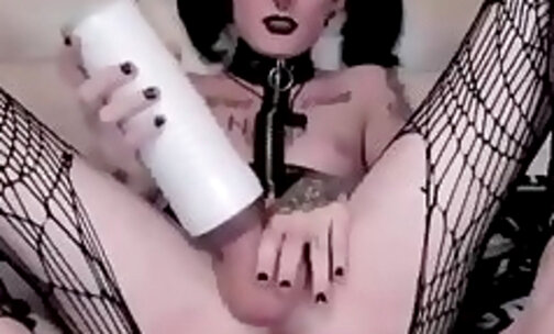 skinny tattooed tgirl in sexy pantyhose gets fleshlight fucking on webcam