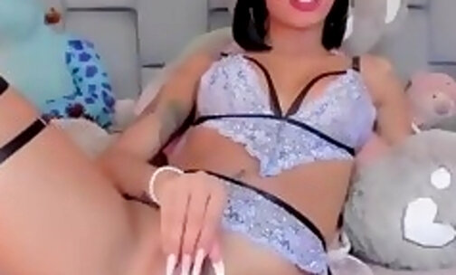 wonderful tattooed transgirl in sexy lingerie strokes her dick on webcam