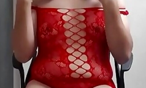 small tits ts monica masturbating in red fishnets