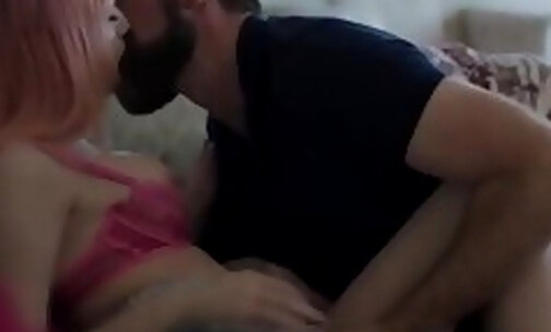 Bearded dude fucks the ass of pink haired shemale stepdaughter
