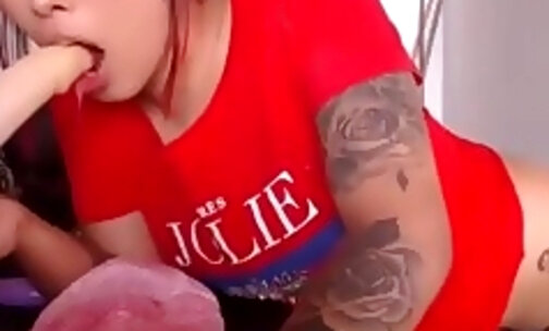 Stunning thick tattooed shemale fucking her asshole
