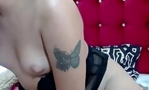 high heels teen latina trans hottie with tattoos jerks off her cock