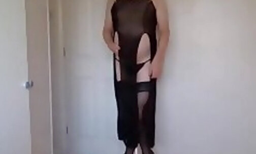 Blonde in black stockings, long dress and heels