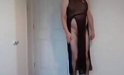 Black see through gown and fishnets