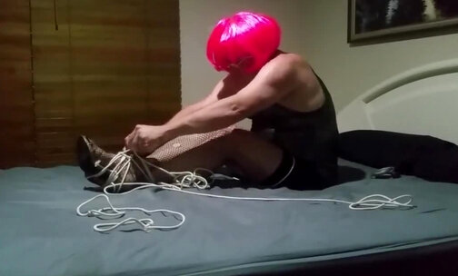 Daisy hogtied in pink wig and siver tights