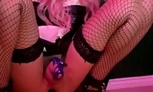 Sissy Layladollxo plays with her big dildo while in chastity