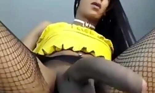 BBC Shemale Jerking Her Dick In Stockings
