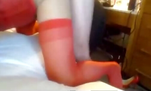 black hair tgirl in red lingerie gets anal fucking on webcam