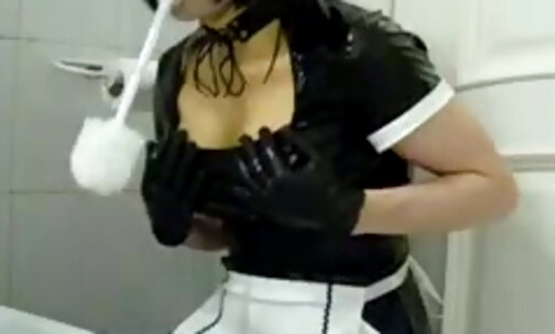 Slutty fetish sissy maid cleans the toilet