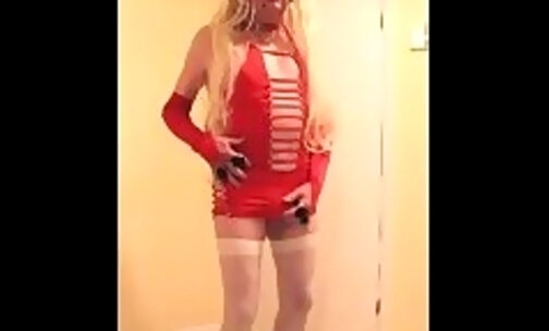 Blonde slut in red cut-out dress