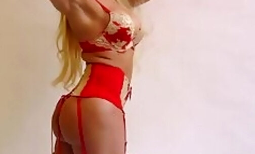 Modeling red lingerie for the camera
