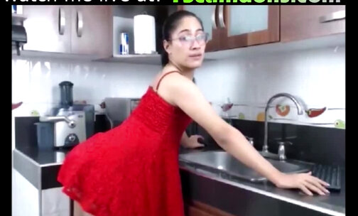 TS teen latina stroking big cock in red dress
