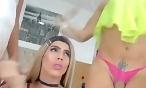 pretty licks on her two trnsgender mates cock