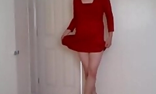 Blonde in long red dress with no panties on