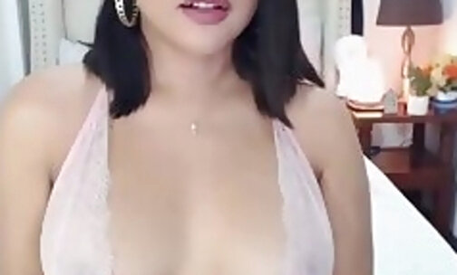 Busty Asian shemale in lingerie solo on webcam
