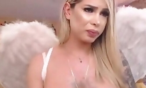 Tranny angel with huge knockers masturbates on cam