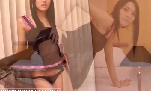 Petite ladyboy in black lingerie teases with her small tits and jerks off