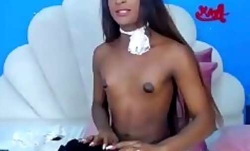 Tanned Tranny Stroking Her Hard Shecock And Cums