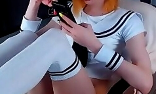 beautiful feet russian teen transgirl in Navy shirt strokes her dick on webcam