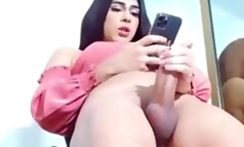beautiful latina teen trans babe jerks off her big dick