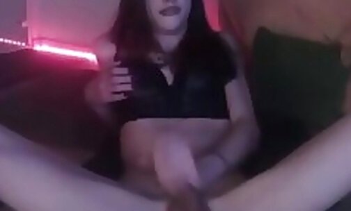horny tgirl with sexy feet legs wanks and Eats Own Cum on webcam