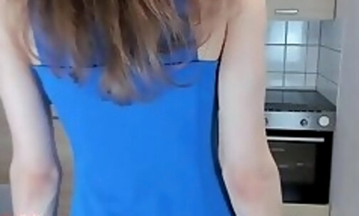 elegant skinny mistress with blue dress and lipstick huge cock cumshot