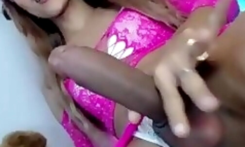 slim ebony tgirl jerks off her big massive cock on webcam