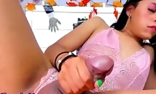 flexible Latina trans bunny in pink lingerie strokes big cock on webcam