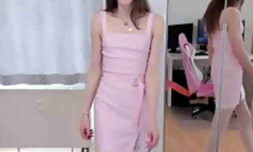 cute skinny shemale pink dress fuck her huge pink dildo and cum twice in a row