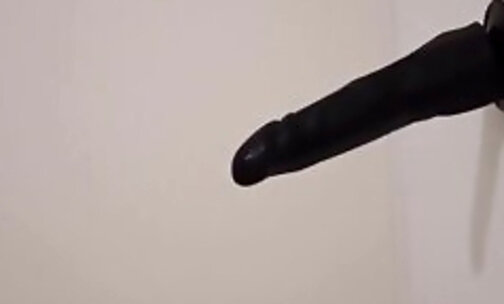 hairy sissy cum while fuck the black dildo