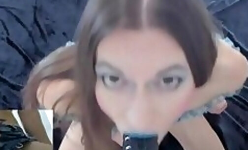 skinny shemale with blue lipstick suck your dick look into your eyes cum closeup