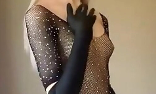 Uyuna standind there slowly playing with herself in a playboy body stocking