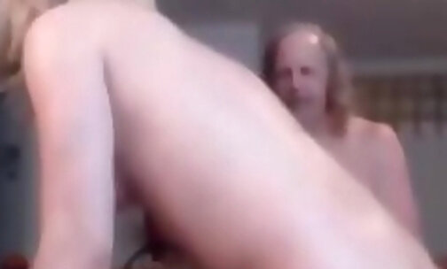Blond tranny fucked and jizzed on by an old dude