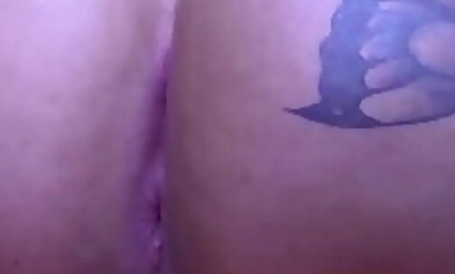 Tattooed big tits shemale hottie wanking her big cock solo