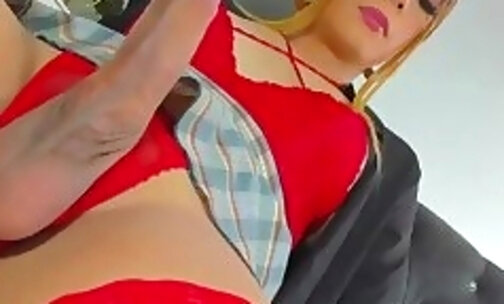 huge cock latina transgirl in red lingerie wanks hard on webcam