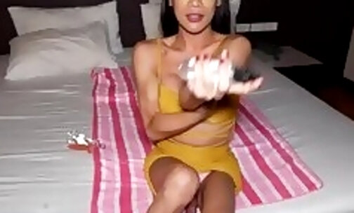Hot Thai shemale fucked with big sex toy before she swallowed white dick
