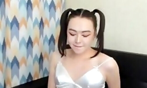 slim teen ladyboy from Mongolia tugs her big dick on webcam