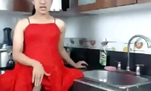 large cock tranny stroking in red dress