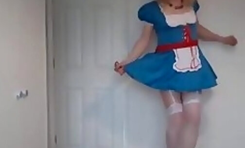 Cute blue outfit, white stockings, red heels and showing my sexy ass cheeks
