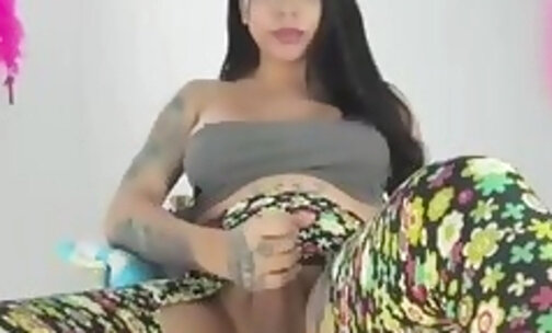 big balls latina trans sweetie with tattoos wanks off big dick