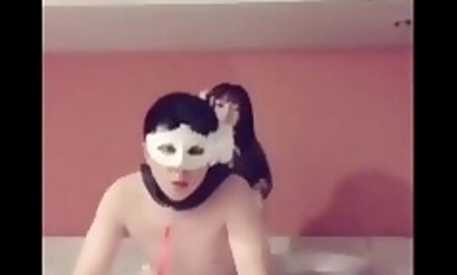 sissy ladyboy maid is very active and fucking a masked